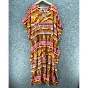 Nefertiti Dress Women M Medium Brown Striped Maxi Long V-Neck Short Sleeve Rayon